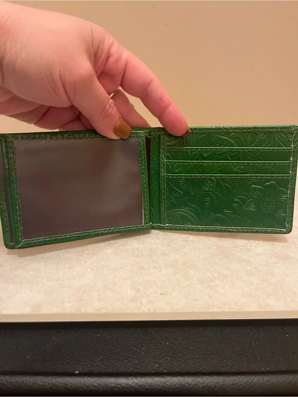 Green Embossed Leather Bifold Wallet